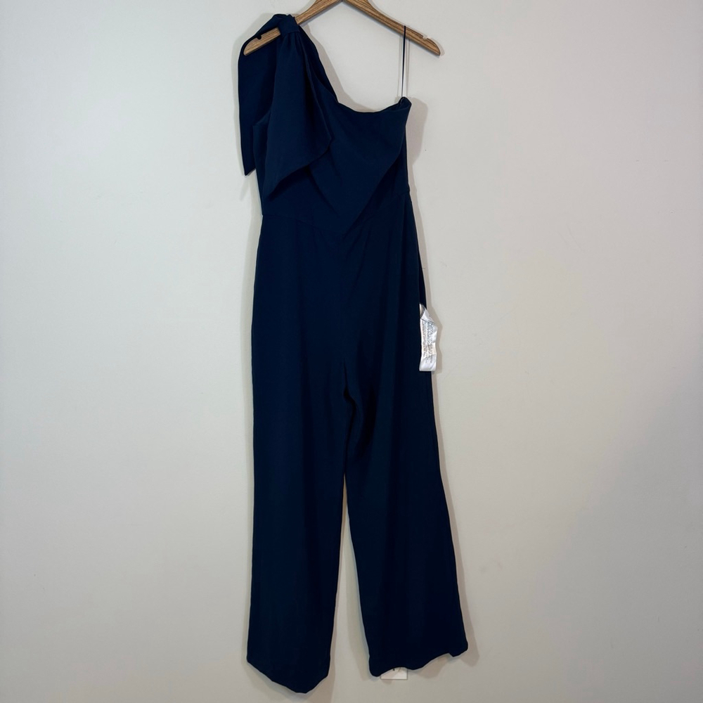 DRESS THE POPULATION Tiffany One Shoulder Bow Jumpsuit Navy Blue XL NWT $248 - Picture 3 of 9
